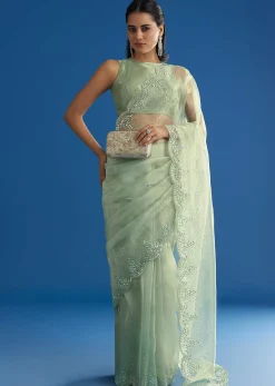 Green Glass Tissue Saree With All Over Cutdana And Sequins Embroidery