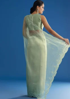 Green Glass Tissue Saree With All Over Cutdana And Sequins Embroidery