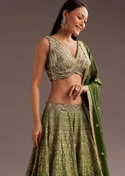 Green Gold Ombre Sequins Zari Georgette Lehenga Set