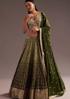 Green Gold Ombre Sequins Zari Georgette Lehenga Set