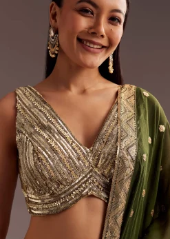 Green Gold Ombre Sequins Zari Georgette Lehenga Set