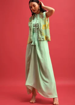 Green Gown With Embroidered Jacket