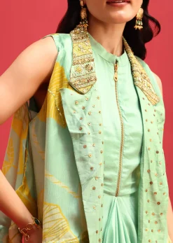 Green Gown With Embroidered Jacket