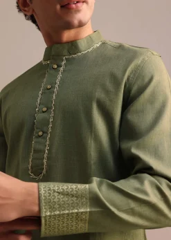 Green Hand Block Printed Kurta Set For Men