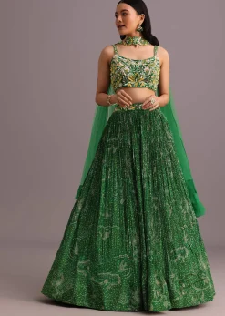 Green Hand Embroidered Choli With Bandhani Print Lehenga And Net Dupatta