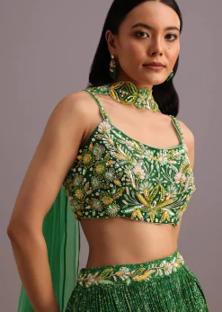 Green Hand Embroidered Choli With Bandhani Print Lehenga And Net Dupatta