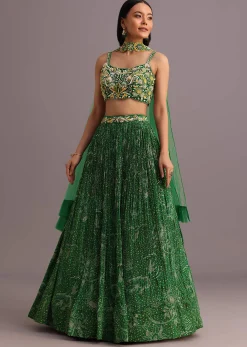 Green Hand Embroidered Choli With Bandhani Print Lehenga And Net Dupatta