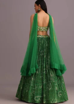 Green Hand Embroidered Choli With Bandhani Print Lehenga And Net Dupatta