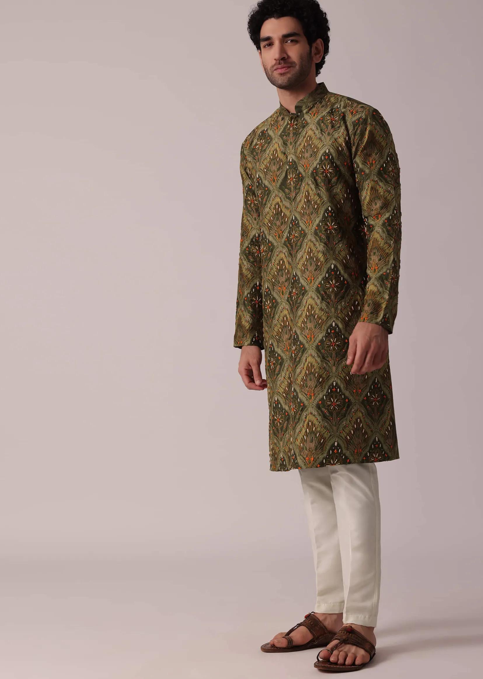 Green Hand Embroidered Festive Kurta Set In Silk