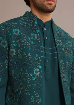 Green Hand Embroidered Indo Western Suit