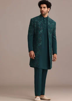 Green Hand Embroidered Indo Western Suit