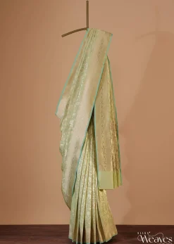 Green Handloom Banarasi Saree In Uppada Silk With Floral Jaal Weave And Unstitched Blouse