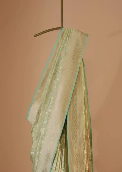 Green Handloom Banarasi Saree In Uppada Silk With Floral Jaal Weave And Unstitched Blouse