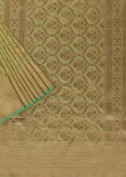 Green Handloom Banarasi Saree In Uppada Silk With Floral Jaal Weave And Unstitched Blouse