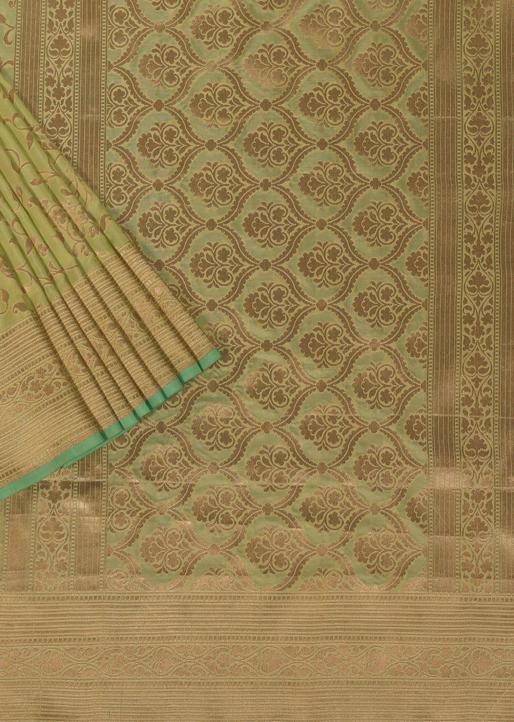 Green Handloom Banarasi Saree In Uppada Silk With Floral Jaal Weave And Unstitched Blouse