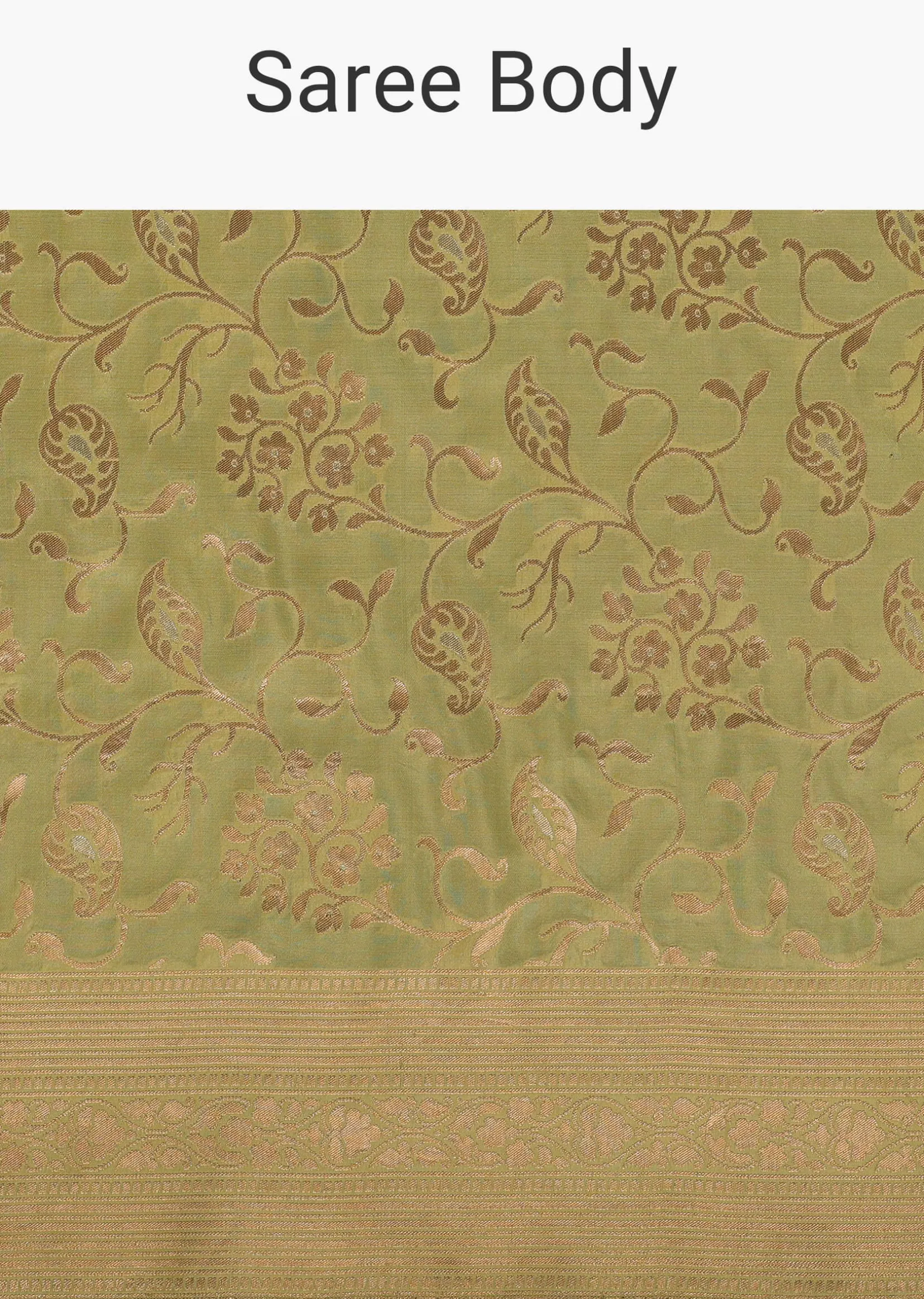 Green Handloom Banarasi Saree In Uppada Silk With Floral Jaal Weave And Unstitched Blouse