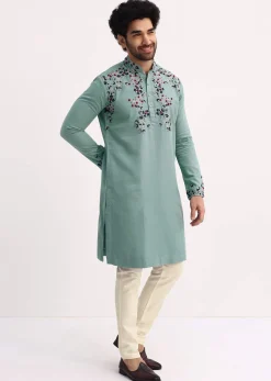 Green Handwork Embroidered Kurta Set For Men