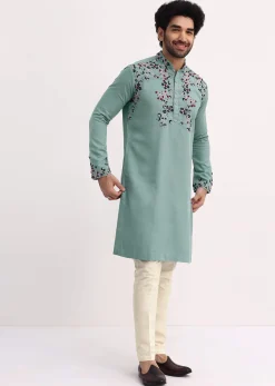 Green Handwork Embroidered Kurta Set For Men