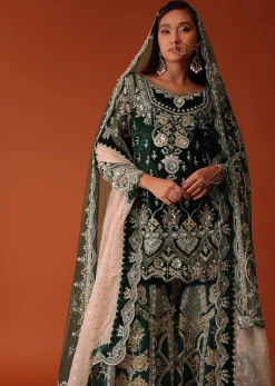 Green Heavily Embroidered Bridal Sharara Suit Set In Velvet
