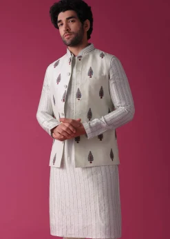 Green Jacket Kurta Set In Art Silk With Threadwork
