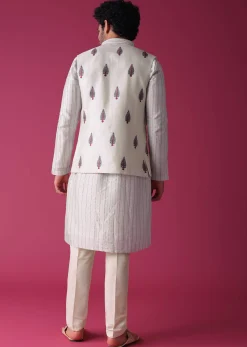 Green Jacket Kurta Set In Art Silk With Threadwork
