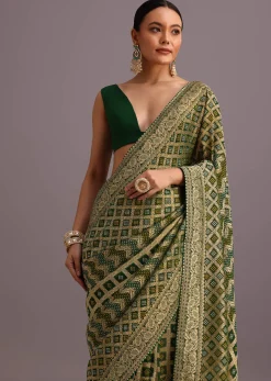 Green Khaddi Georgette Bandhani Saree With Zari Jaal Motif Weave