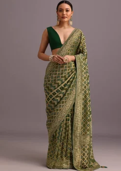 Green Khaddi Georgette Bandhani Saree With Zari Jaal Motif Weave