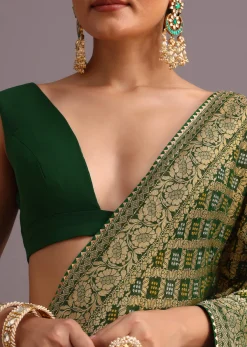 Green Khaddi Georgette Bandhani Saree With Zari Jaal Motif Weave