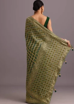 Green Khaddi Georgette Bandhani Saree With Zari Jaal Motif Weave