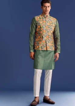 Green Kurta Jacket Set With Floral And Vine Prints