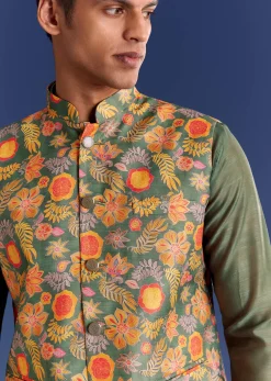 Green Kurta Jacket Set With Floral And Vine Prints