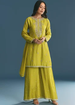 Green Kurta Palazzo Set With Sequins Embroidery