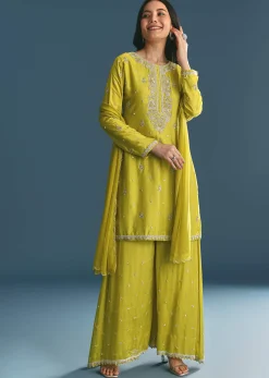 Green Kurta Palazzo Set With Sequins Embroidery