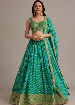 Green Leheriya Lehenga Set With Zardosi And Sequins Work