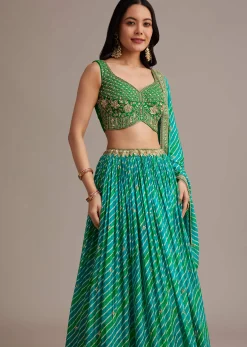 Green Leheriya Lehenga Set With Zardosi And Sequins Work