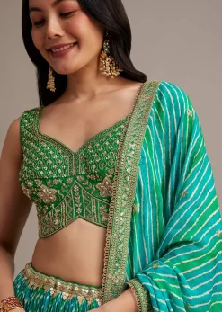 Green Leheriya Lehenga Set With Zardosi And Sequins Work
