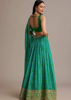 Green Leheriya Lehenga Set With Zardosi And Sequins Work