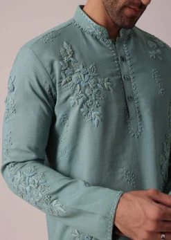 Green Linen Kurta Set For Festive