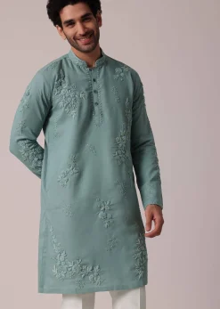 Green Linen Kurta Set For Festive
