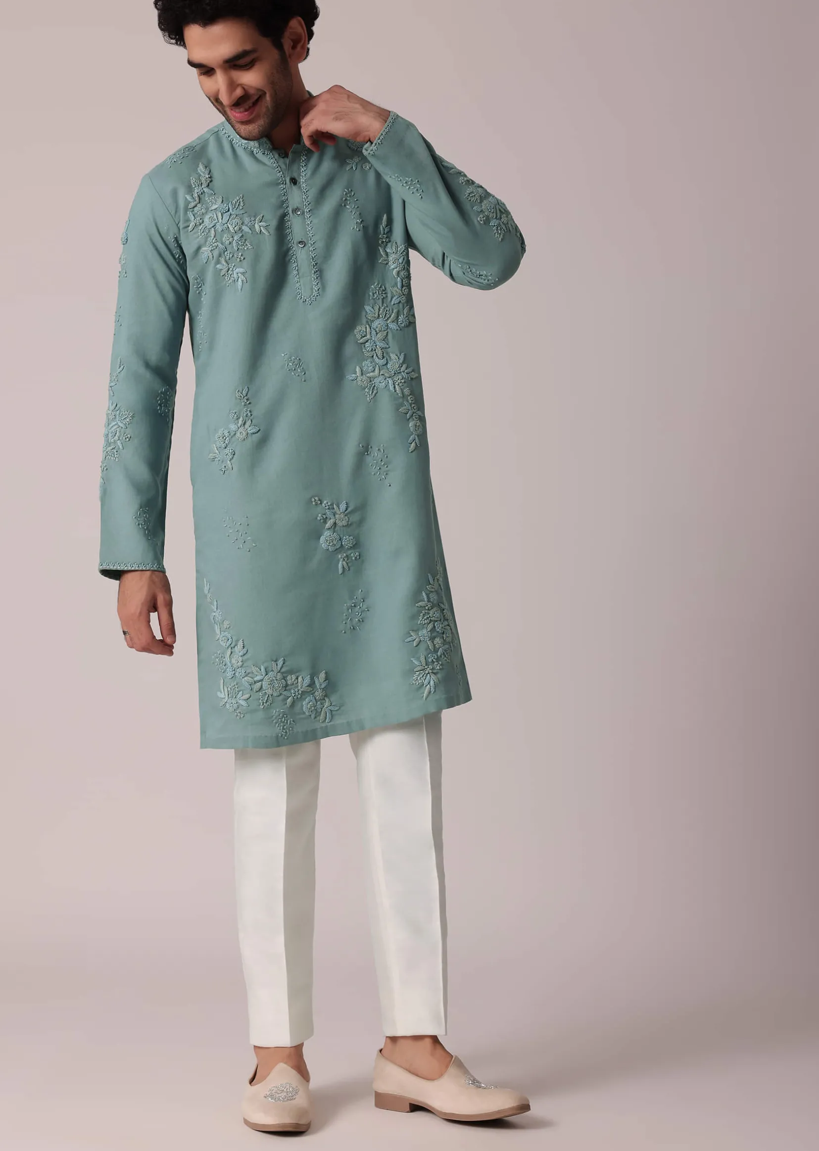 Green Linen Kurta Set For Festive