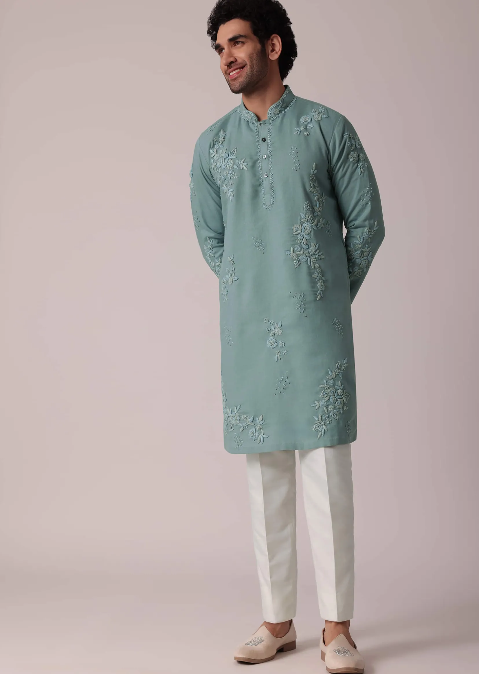 Green Linen Kurta Set For Festive