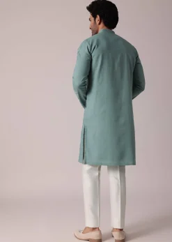 Green Linen Kurta Set For Festive