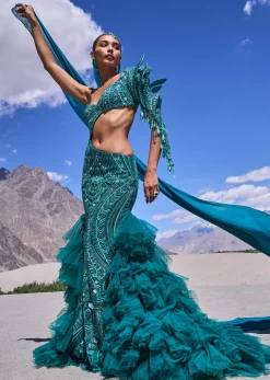 Green Mermaid Style Heavy Embroidered Skirt Set