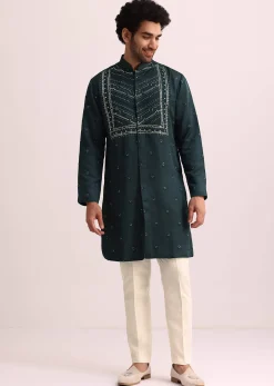 Green Mirror Embellished Kurta Set With Dupatta