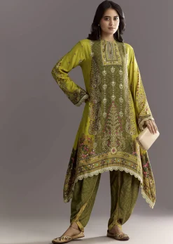 Green Muslin Floral And Bandhani Printed Asymmetrical Cut Kurta Dhoti