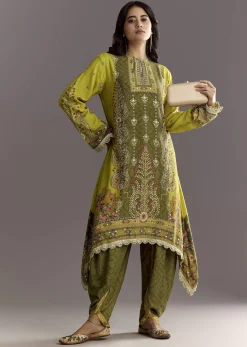 Green Muslin Floral And Bandhani Printed Asymmetrical Cut Kurta Dhoti