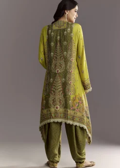 Green Muslin Floral And Bandhani Printed Asymmetrical Cut Kurta Dhoti