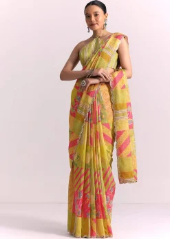 Green Muslin Printed Saree with Mirror Work