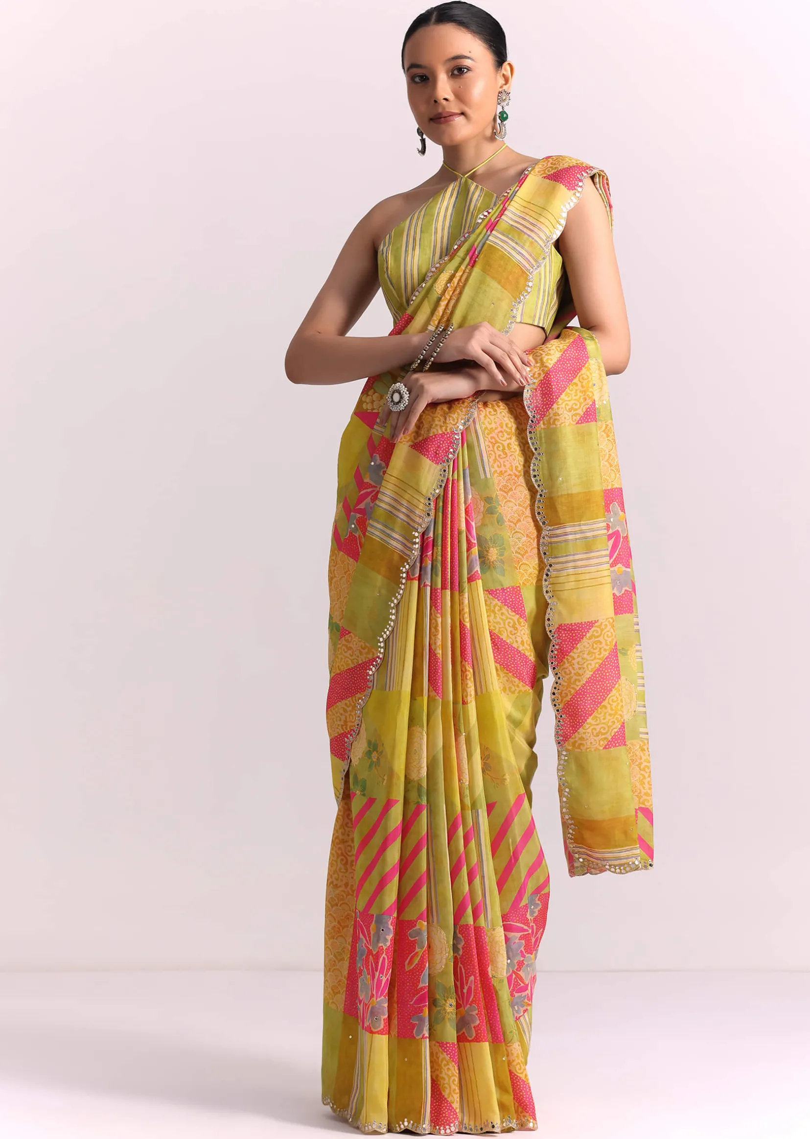 Green Muslin Printed Saree with Mirror Work