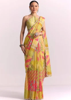 Green Muslin Printed Saree with Mirror Work